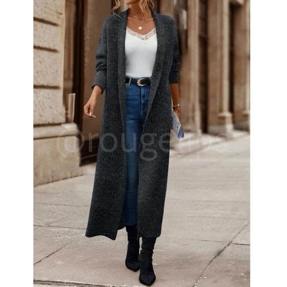 Charcoal Grey Duster Shawl Cardigan Knit Long Open Long Sleeve - Picture 2 of 9